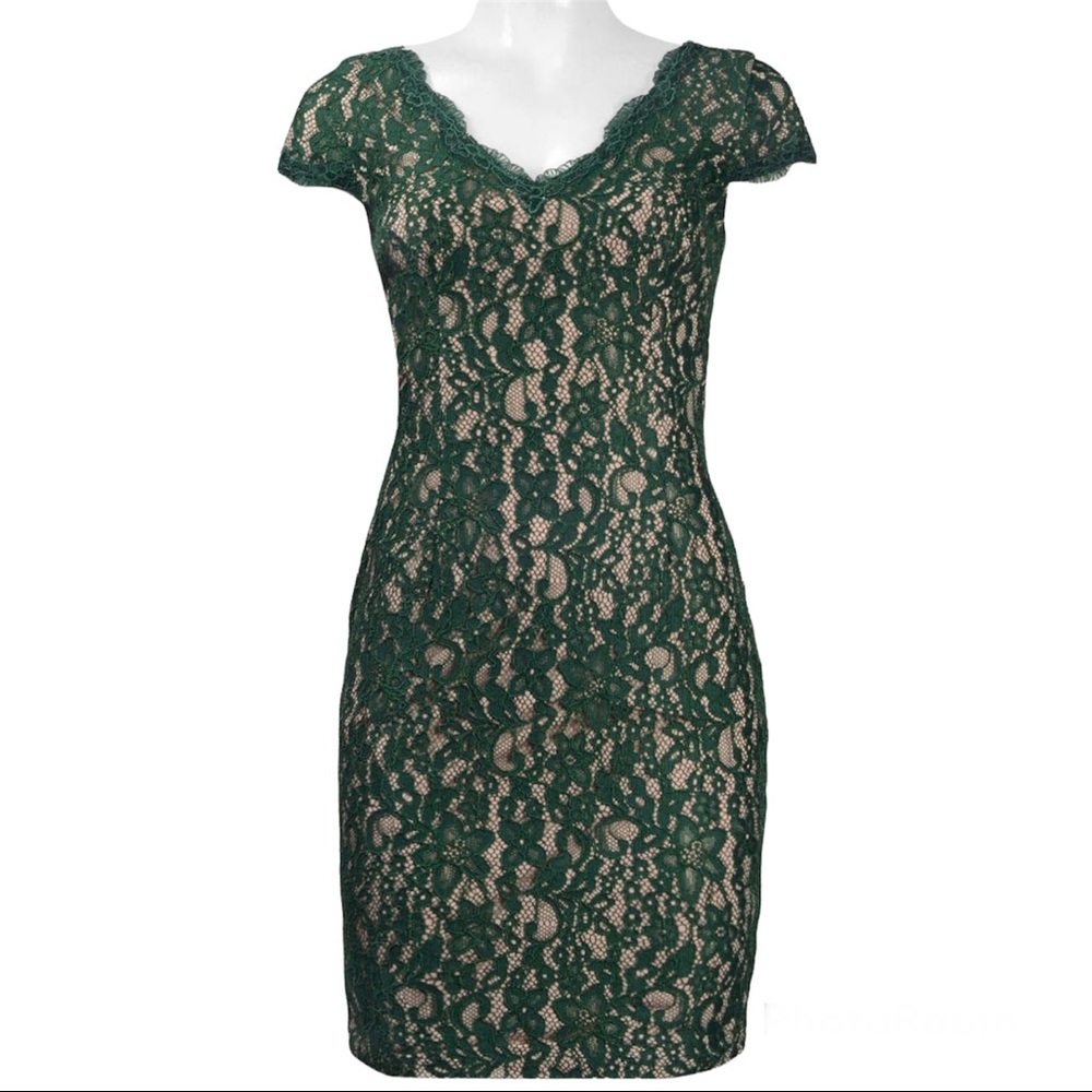 ADRIANNA PAPELL SCALLOPED V-NECK SHORT SLEEVE ZIPPER BACK FLORAL LACE DRESS